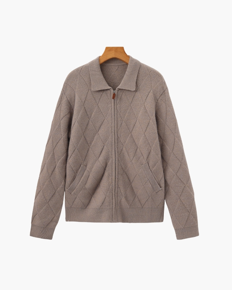 Old Money Heritage Diamond Knit Zip Cardigan