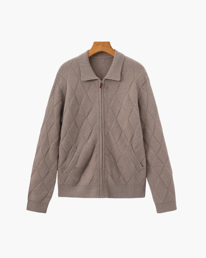 Old Money Heritage Diamond Knit Zip Cardigan
