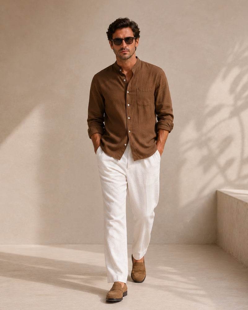 Old Money Camisa Cuello Mandarin Algodón Texturizado Hombre