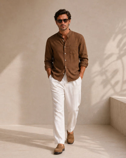 Old Money Camisa Cuello Mandarin Algodón Texturizado Hombre