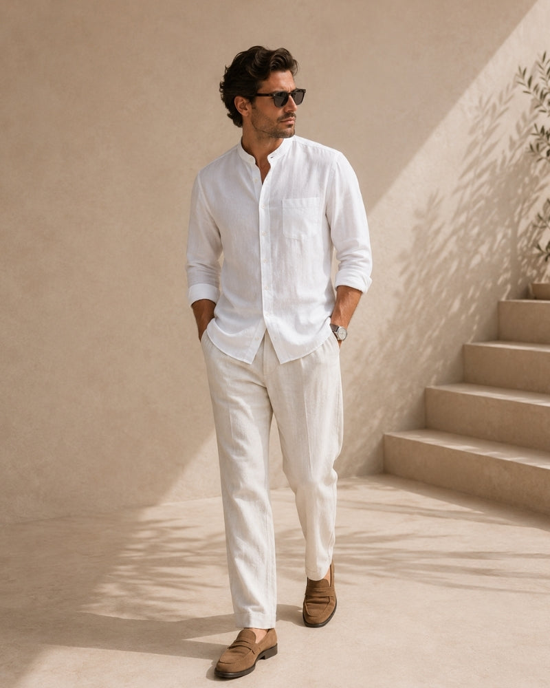 Old Money Camisa Cuello Mandarin Algodón Texturizado Hombre