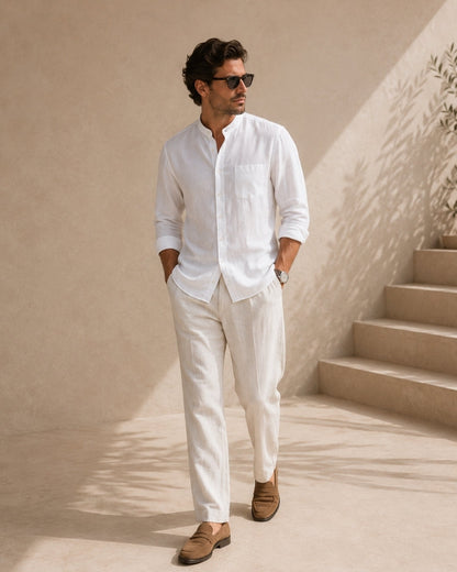 Old Money Camisa Cuello Mandarin Algodón Texturizado Hombre