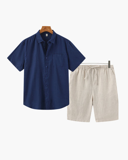 Old Money Conjunto Camisa Lino Y Pantalón Corto Lino Hombre