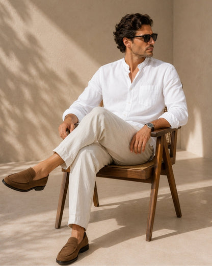 Old Money Camisa Cuello Mandarin Algodón Texturizado Hombre