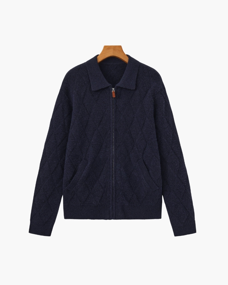 Old Money Heritage Diamond Knit Zip Cardigan