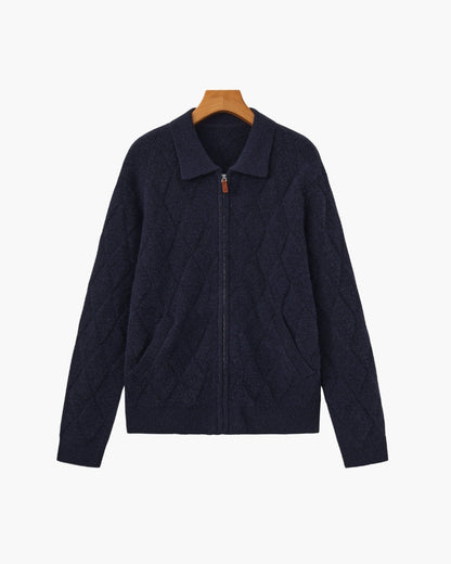 Old Money Heritage Diamond Knit Zip Cardigan
