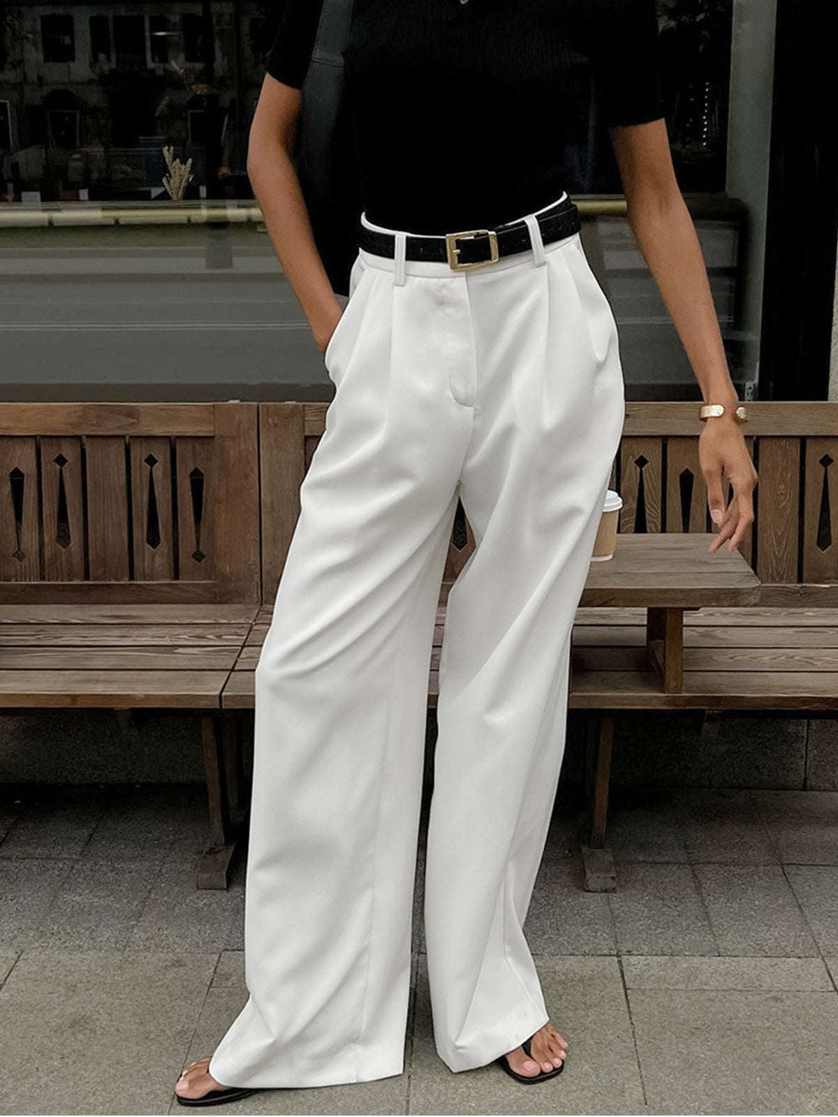 COMMENSE Pantalón Ancho de Tiro Regular Sin Cinturón