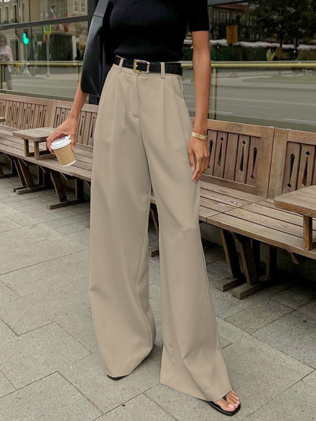 COMMENSE Pantalón Ancho de Tiro Regular Sin Cinturón