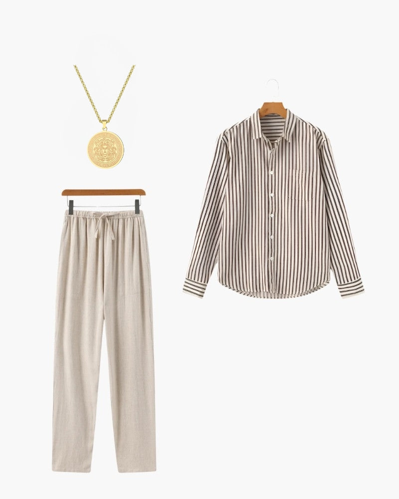 Old Money Conjunto Camisa Rayas Pantalón Lino Hombre