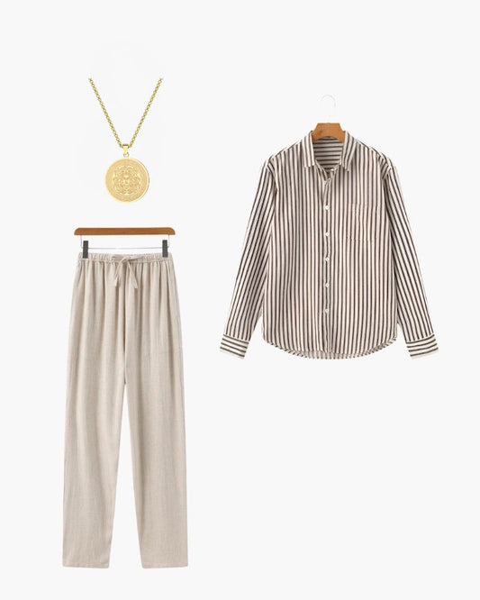 Old Money Conjunto Camisa Rayas Pantalón Lino Hombre