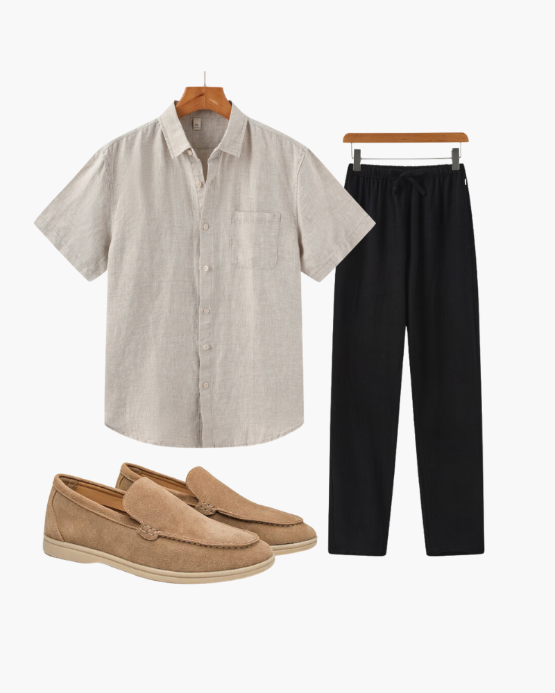 Old Money Conjunto Playa Comida Camisa Lino Beige Pantalón Negro Zapatos Ante Marrón