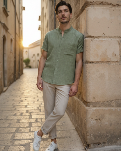 Old Money Camisa Cuello Mandarin Algodón Premium