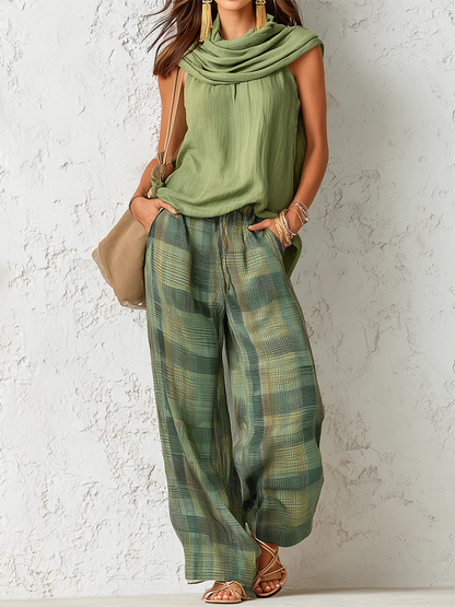 Livia Ferretti Patu Conjunto Boho Blusa Drapeada Pantalón Cuadros