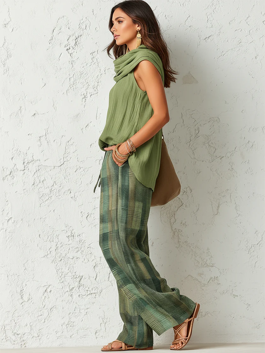 Livia Ferretti Patu Conjunto Boho Blusa Drapeada Pantalón Cuadros