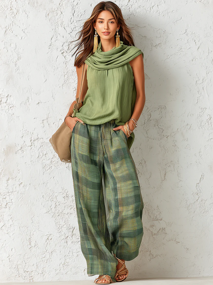 Livia Ferretti Patu Conjunto Boho Blusa Drapeada Pantalón Cuadros