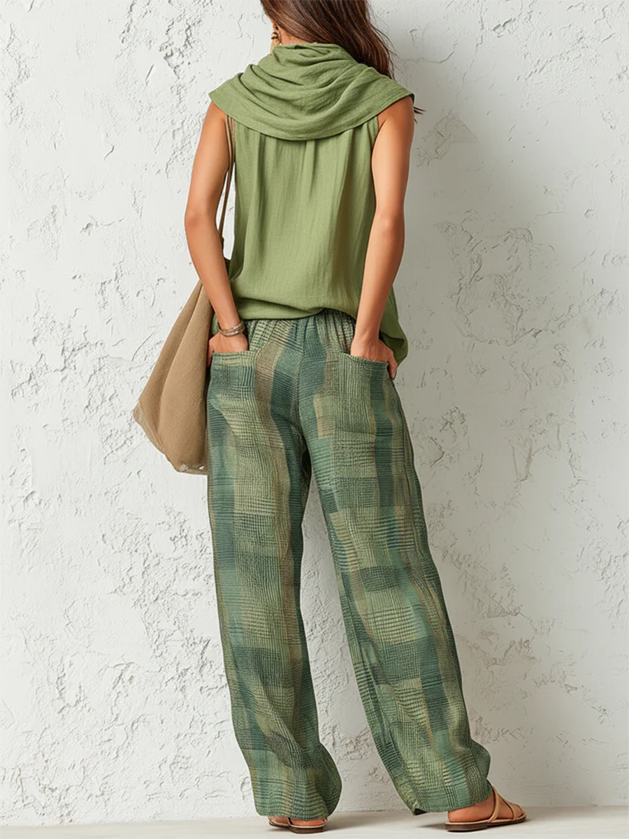 Livia Ferretti Patu Conjunto Boho Blusa Drapeada Pantalón Cuadros